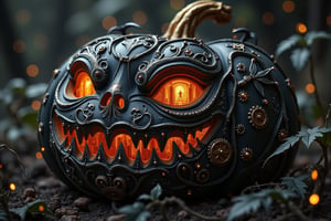 A dark, intricately detailed pumpkin rests in a gothic, eerie environment. Its surface is carved with precision, displaying swirling, elegant patterns reminiscent of vines and mechanical gears, all adorned with subtle golden accents. The eyes and jagged mouth are windows into a glowing, steampunk-inspired world, where tiny towers and clockwork mechanisms reside within. The vibrant, fiery orange light from inside contrasts with the pumpkin's dark, almost metallic exterior. Gears and cogs are embedded around the carved features, giving it a surreal, mechanical aesthetic. The pumpkin's stem, golden and twisted, adds to the luxurious yet haunting feel, while the dark flowing background, with hints of swirling shadows, enhances the spooky, gothic atmosphere. The entire scene exudes a mysterious, enchanting glow, with tiny stars and bats subtly integrated into the design, as if the pumpkin itself holds a secret, magical world within.