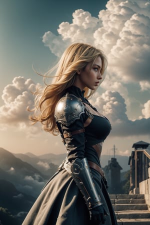 1girl, solo, long hair, breasts, blue eyes, blonde hair, dress, cleavage, medium breasts, standing,sky, cloud, armor, lips, profile, watermark, cloudy sky,  shoulder armor, stairs, realistic, 