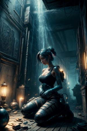 A majestic masterpiece! Tomb Raider depicts the iconic adventurer, clad in her iconic gear, kneeling amidst ancient ruins of Santa's lost treasure. Soft, dim volumetric lighting wraps around her, as 8K Octane render captures every intricate detail. Post-processing enhances the portrait's hyper-detailed features. In the background, a stunning matte painting reveals fantastical, deep-colored scenery with bioluminescent glows and vibrant hues. Chiaroscuro contrasts playfully, while volumetric lights cast ethereal rays, illuminating this breathtaking splash screen. Artstation-worthy Unreal Engine 5 rendering at its finest!