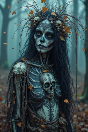 In an eerie, mist-laden forest, a spectral woman stands with an expression that bridges melancholy and defiance, embodying both decay and delicate beauty. Her face is painted in a skeletal, Day of the Dead-inspired style, with hollowed, shadowed eyes, darkened lips extended by painted skeletal lines, and a deeply shaded nose, giving her a ghostly, hollowed look. A delicate spiderweb pattern decorates her forehead, as if woven by ancient spirits. Her gaze, dark and intense, is fixed on something beyond, as if contemplating the mysteries of life and death.

Her head is adorned with a twisted crown of dry branches interwoven with autumn leaves and small animal skulls, each symbolizing the cycle of nature and the inevitability of mortality. Strands of tattered fabric cascade down from her head like a veil, weathered and torn, suggesting a shroud of ancient burial or a connection to the ethereal world. Her long, flowing dark hair mingles with the threads, adding to her haunting allure. Her skin is tattooed with striking imagery—a large, ornate skull encircled by roses on her chest, merging life and death in a floral frame that hints at rebirth amidst decay. On her hand, skeletal tattoos trace the outline of bones, seamlessly blending with her painted visage, transforming her into a living embodiment of the underworld.

The backdrop is a thick, dim fog that blurs the outlines of distant trees, casting the forest in ghostly shades of blue and gray. Dried leaves fall around her, caught in an eternal autumn, with an atmosphere thick with foreboding and reverence. The muted colors and soft shadows surrounding her create a surreal, almost dreamlike quality, while the meticulous details of her tattoos and face paint evoke a sense of reverent artistry, as if each stroke was crafted in homage to the dead.

She is a shamanic figure, a mourner, a guardian of the threshold between the worlds of the living and the dead. Every element of her adornment—from her crown of branches and bones to her veil of decay—tells a story of loss, remembrance, and transformation. She exists in a realm where beauty and horror entwine, where life and death coexist, creating a haunting yet captivating vision of the afterlife. This image serves as a tribute to both mortality and the eternal spirit, inviting viewers into a world where death is not an end, but a passage into the unknown.