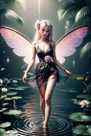 1girl, solo, long hair, breasts, looking at viewer, blush, open mouth, bangs, hair ornament, dress, hair between eyes, bare shoulders, medium breasts, standing, purple eyes, full body, flower, white hair, wings, barefoot, sleeveless, hair flower, water, black dress, bare arms, sleeveless dress, skirt hold, fairy wings, fairy, ripples, rainbow, butterfly wings, lily pad, realhands