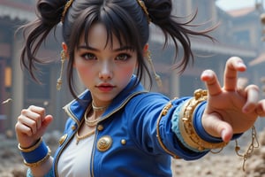 Chun-Li, Street Fighter, blue and white outfit with gold trim, action scene fighting pose, hyper-realistic illustration style, action scene art, in the style of Akira Yasuda, anime-inspired character design, detailed background elements, dynamic composition, high resolution, vibrant colors, high contrast, soft lighting, fluid motion, high energy, full-body portrait, strong facial expression, double-bun hairstyle --ar 1:2 --stylize 750 --niji 6