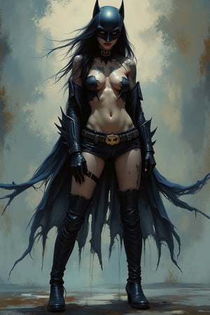 aesthetic, painterly style, modern ink, asian girl, sexy,  black hair  hair, sensual, sultry,, sexy outfit, Batgirl , lots of leg and cleavge, tattoos, knee length boots, expressive pose, urbanpunk, abstract texture multilayer background, neo-expressionist , Russ Mills, Ian Miller, indigo touches, 