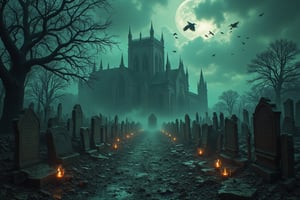 A sprawling, night-shrouded cemetery stretches endlessly into the murky twilight, shrouded in a mist that clings to every shadowed corner. The atmosphere is steeped in unease, with a soft, greenish fog permeating the landscape, casting a ghostly, pale light across the scene. At the heart of this forsaken graveyard stands a massive, ancient cathedral or castle, its dark, Gothic architecture rising ominously above the tombstones. The towering structure is crowned with sharply pointed spires and slender turrets that reach into the cloud-filled sky, silhouetted against the dim moonlight. Its walls appear weathered and dark, suggesting centuries of age and untold secrets lurking within.

In the foreground, cracked, crooked gravestones litter the ground, each stone unique, yet uniformly tilted and aged, as if affected by some mysterious force. These worn monuments bear inscriptions that are nearly unreadable, hidden by shadows and time. Small, flickering candles are scattered across the cemetery floor, their weak, golden flames casting long shadows that dance across the muddy ground. The candlelight creates a sense of fragile warmth in an otherwise desolate place, their reflections wavering in shallow puddles that gather in dips between the gravestones, hinting at recent rain or a constant, eerie dampness in the air.

A large, skeletal tree looms in the foreground, its twisted branches like skeletal hands clawing toward the sky, framing the image with a sense of wildness and decay. The barren, blackened limbs reach out like claws, adding to the unsettling nature of the scene. Above, a flock of crows or ravens circles, their black forms silhouetted against the faint glow of the moon as they glide ominously through the thick fog. The sky itself is dark, layered with dense, gray-green clouds that seem almost alive, roiling and shifting as though echoing the unease below. This scene is both frozen in time and alive with quiet, spectral movement, the whispers of spirits seeming to fill the air as they drift between the tombstones and the cold, stone walls of the distant castle.

The entire landscape embodies a haunting stillness, where every element—from the mist, to the wavering candle flames, to the dark birds in the sky—suggests a place forsaken by light, yet rich in the supernatural. It feels as if this graveyard could stretch infinitely, a cursed land where the dead do not rest and where unseen eyes watch silently, marking the living who dare to enter. In this scene, fear and beauty blend, creating a landscape that is as breathtaking as it is ominous, an eternal monument to death and mystery.