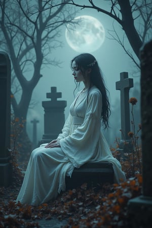 A hauntingly beautiful, spooky graveyard under a misty, moonlit sky, with tombstones partially obscured by thick fog and twisted, barren trees casting eerie shadows. An extremely beautiful Japanese girl with pale, porcelain skin and dark hair sits gracefully on a weathered tombstone. She wears a white, flowing, and slightly revealing gown that drapes around her, blending with the fog, as if she’s part of the spectral scene. Her expression is calm and mysterious, with delicate, ethereal features that add an air of enchantment. Hyperrealistic, high-resolution, finely detailed textures, creating a chilling, captivating atmosphere.