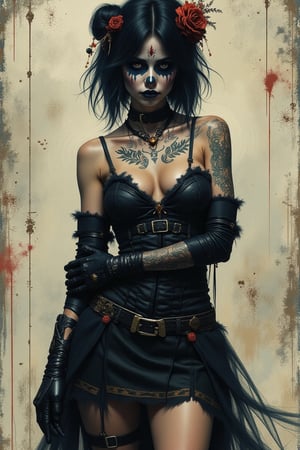 aesthetic, painterly style, modern ink,japanese girl, sexy,  black hair  hair, sensual, sultry,, sexy outfit, halloween dress, lots of leg and cleavge, tattoos, knee length boots, expressive pose, urbanpunk, abstract texture multilayer background, neo-expressionist , Russ Mills, Ian Miller, indigo touches, face painted like a sugar skull