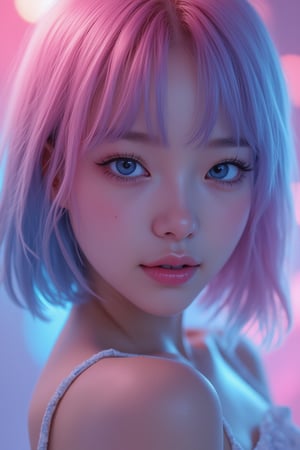 create me a close up image of a  beautiful japanese girl, he has the most stunning blue eyes, every detail showing UHD, 8K, she has pink and blue hair, and is standing in front of a pink and blue gradient background, she has shoulder length hair, a rounded nose, and a beautiful smile, every detail on her face is visible, even the pores