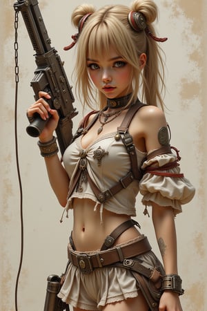 an image of an animation character holding a gun, in the style of womancore, comic art, realistic oil paintings, xbox 360 graphics, exotic realism, white and brown, bold manga lines --ar 71:128 --stylize 750 --v 6