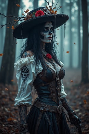 In an eerie, mist-laden forest, a spectral woman stands with an expression that bridges melancholy and defiance, embodying both decay and delicate beauty. Her face is painted in a skeletal, Day of the Dead-inspired style, with hollowed, shadowed eyes, darkened lips extended by painted skeletal lines, and a deeply shaded nose, giving her a ghostly, hollowed look. A delicate spiderweb pattern decorates her forehead, as if woven by ancient spirits. Her gaze, dark and intense, is fixed on something beyond, as if contemplating the mysteries of life and death.

Her head is adorned with a twisted crown of dry branches interwoven with autumn leaves and small animal skulls, each symbolizing the cycle of nature and the inevitability of mortality. Strands of tattered fabric cascade down from her head like a veil, weathered and torn, suggesting a shroud of ancient burial or a connection to the ethereal world. Her long, flowing dark hair mingles with the threads, adding to her haunting allure. Her skin is tattooed with striking imagery—a large, ornate skull encircled by roses on her chest, merging life and death in a floral frame that hints at rebirth amidst decay. On her hand, skeletal tattoos trace the outline of bones, seamlessly blending with her painted visage, transforming her into a living embodiment of the underworld.

The backdrop is a thick, dim fog that blurs the outlines of distant trees, casting the forest in ghostly shades of blue and gray. Dried leaves fall around her, caught in an eternal autumn, with an atmosphere thick with forebodiIn a dark, intense setting, a fierce woman stands in a powerful, defiant pose, embodying both the spirit of Día de los Muertos and a bold warrior of the Old West. Her face is painted in the traditional sugar skull style, with one eye outlined in a dark circle and detailed patterns radiating across her cheek and brow. The black and white face paint contrasts dramatically with her piercing gaze, giving her an aura of mystery and rebellion. A single red rose adorns her black, wide-brimmed sombrero, which is embellished with silver studs that catch the faint light, hinting at her fusion of elegance and danger. Her long, black hair flows behind her, adding a sense of motion and freedom.

Dressed in a corset-like leather vest and rugged, off-shoulder white blouse, she reveals her tattoo-covered arms and back, each design showcasing intricate floral and vine motifs. Strapped across her body are leather holsters filled with bullets and adorned with metal details, adding to her formidable look as she wields two gleaming revolvers. Her skirt is a tattered, sheer black fabric that flutters as she moves, enhancing her otherworldly yet fierce appearance. Skulls and deep red roses surround her, both as tattooed symbols on her skin and as physical adornments in her setting, creating a mesmerizing juxtaposition of life, death, and beauty.

The background is cast in a deep, shadowy black, highlighting her figure and the intense red of the roses. These roses, vibrant and almost glowing, represent passion, love, and mortality, contrasting the starkness of the skulls they accompany. She stands as a guardian between worlds, embodying the spirit of vengeance, memory, and honor. Her expression is fierce, daring anyone to challenge her authority, as if she is a ghostly protector of forgotten souls or a vengeful spirit from beyond. The entire scene evokes the essence of a gothic Western mixed with the reverence of Mexican traditions, creating a surreal, timeless warrior who bridges life and death, the past and the present, standing defiant against the darkness.g and reverence. The muted colors and soft shadows surrounding her create a surreal, almost dreamlike quality, while the meticulous details of her tattoos and face paint evoke a sense of reverent artistry, as if each stroke was crafted in homage to the dead.

She is a shamanic figure, a mourner, a guardian of the threshold between the worlds of the living and the dead. Every element of her adornment—from her crown of branches and bones to her veil of decay—tells a story of loss, remembrance, and transformation. She exists in a realm where beauty and horror entwine, where life and death coexist, creating a haunting yet captivating vision of the afterlife. This image serves as a tribute to both mortality and the eternal spirit, inviting viewers into a world where death is not an end, but a passage into the unknown.