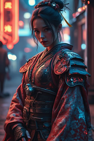 A beautiful Japanese girl stands confidently in a neon-lit alleyway, blending traditional elegance with futuristic strength. She wears a flowing kimono with intricate floral designs now infused with glowing neon circuits, intertwined with polished high-tech armor featuring holographic engravings of cherry blossoms and cranes. Her traditional updo is adorned with luminous cyberpunk accessories, as she holds a katana with a glowing energy blade. The city alleyway's vibrant lights reflect off her armor, highlighting the fusion of ancient tradition and cutting-edge technology in this striking, cyberpunk geisha-samurai hybrid.