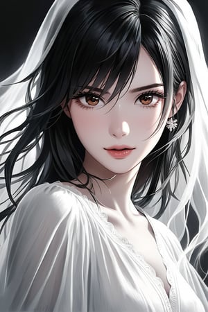 final fantasy, black hair, red eyes, realistic,minimalism style,ghostly beauty, contract black and white style