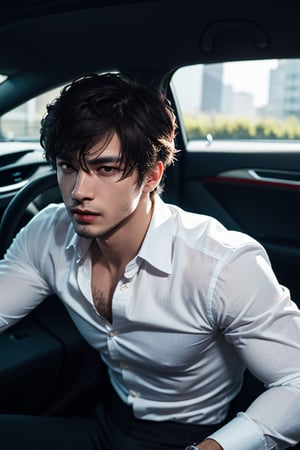 photorealistic, masterpiece, best quality, raw photo, 1man, detailed eyes and face, white shirt, dynamic lighting, in the dark, deep shadow, Handsome, Sexy. Aggressive Face, ih the Car, Motion under attack
