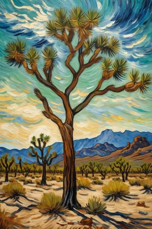 Van Gogh style painting of a Joshua tree in a barren desert landscape. The tree is tall with multiple branches and spiky, green leaves, depicted with bold, swirling brushstrokes. The sky is dynamic with swirling patterns of blue and wispy clouds in the style of Van Gogh. The overall composition is rich in color, with thick, expressive strokes and a sense of movement and emotion.