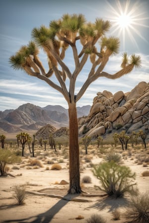 A detailed and realistic post-impressionistic image of a Joshua tree in a desert landscape. The tree is tall and has multiple branches with spiky, green leaves typical of Joshua trees. The desert floor is sandy with scattered rocks and small bushes, and the sky is clear with a few wispy clouds. The lighting is natural, with the sun casting soft shadows, creating a serene and warm atmosphere.