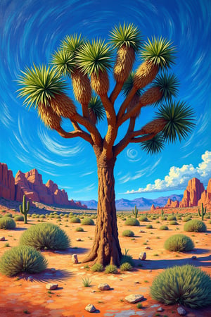 A painting of a Joshua tree in a desert landscape, in the style of Van Gogh. The tree is tall with multiple branches and spiky, green leaves, depicted with bold, swirling brushstrokes. The desert floor is textured with vibrant, expressive colors, scattered rocks, and small bushes. The sky is dynamic with swirling patterns of blue and wispy clouds, reminiscent of Van Gogh's Starry Night. The overall composition is rich in color, with thick, expressive strokes and a sense of movement and emotion.