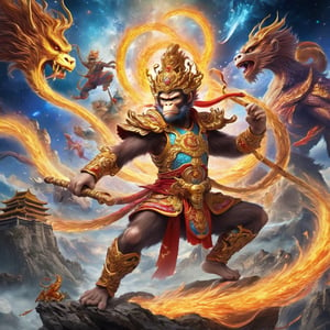 Mythic Monkey King (epic:1.2) in a grand, epic battle against ancient dragons in a celestial realm. The Monkey King is a powerful figure, surrounded by cosmic energies and celestial beings. The scene is epic in scale, with vibrant cosmic colors and a sense of celestial grandeur.