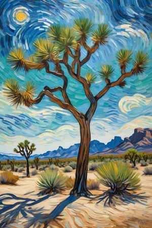 Van Gogh style painting of a Joshua tree in a barren desert landscape. The tree is tall with multiple branches and spiky, green leaves, depicted with bold, swirling brushstrokes. The sky is dynamic with swirling patterns of blue and wispy clouds in the style of Van Gogh. The overall composition is rich in color, with thick, expressive strokes and a sense of movement and emotion.