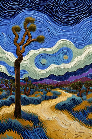 A painting of a Joshua tree in a desert landscape, in the style of Van Gogh. The tree is tall with multiple branches and spiky, green leaves, depicted with bold, swirling brushstrokes. The desert floor is textured with vibrant, expressive colors, scattered rocks, and small bushes. The sky is dynamic with swirling patterns of blue and wispy clouds, reminiscent of Van Gogh's Starry Night. The overall composition is rich in color, with thick, expressive strokes and a sense of movement and emotion.