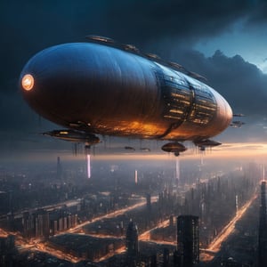 A surreal panorama unfolds as the cyberpunk skyline meets the blimps' embrace. The towering metropolis sprawls below, an abstract tapestry of steel and glass, bathed in the incandescent glow of holographic billboards. Blimps, like ethereal guardians, float above, trailing luminous contrails that weave through the city's arteries.