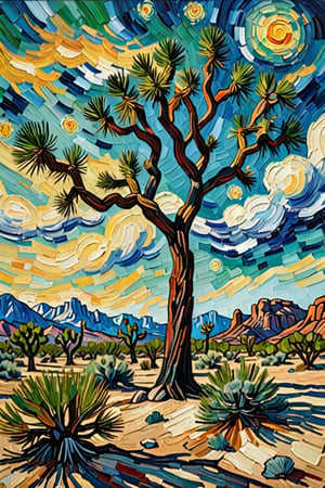 A painting of a Joshua tree in a desert landscape, in the style of Van Gogh. The tree is tall with multiple branches and spiky, green leaves, depicted with bold, swirling brushstrokes. The desert floor is textured with vibrant, expressive colors, scattered rocks, and small bushes. The sky is dynamic with swirling patterns of blue and wispy clouds, reminiscent of Van Gogh's Starry Night. The overall composition is rich in color, with thick, expressive strokes and a sense of movement and emotion.