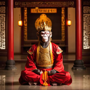 Classic Monkey King (traditional:1.2) in an ancient Chinese temple, meditating in serene tranquility. The Monkey King is portrayed in a timeless, traditional style, emphasizing his wisdom and inner strength. The scene is bathed in warm, soft lighting, creating an atmosphere of contemplation and serenity.