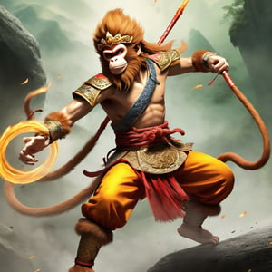 Whirlwind Monkey King (action-packed:1.2) engaged in a high-speed battle against supernatural foes. The Monkey King is a blur of motion as he faces off against formidable adversaries. The scene is dynamic and fast-paced, with bold colors and a sense of frenetic energy