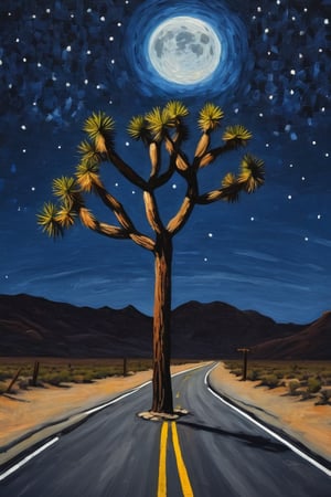 picasso style painting of a solitary joshua tree on a highway. it is night time with a full moon and a starry night.