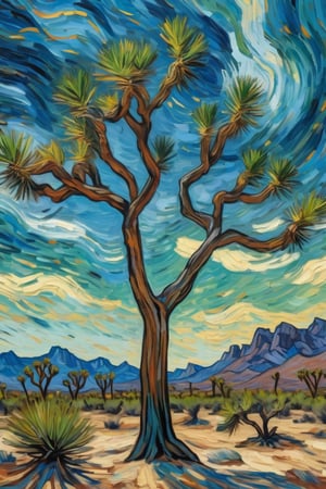 Van Gogh style painting of a Joshua tree in a barren desert landscape. The tree is tall with multiple branches and spiky, green leaves, depicted with bold, swirling brushstrokes. The sky is dynamic with swirling patterns of blue and wispy clouds in the style of Van Gogh. The overall composition is rich in color, with thick, expressive strokes and a sense of movement and emotion.