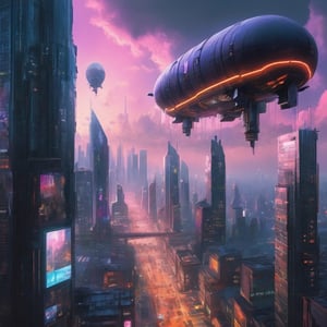 In this dystopian dreamscape, the cyberpunk skyline reigns supreme. Skyscrapers soar towards the heavens, their windows aglow with a kaleidoscope of colors. Blimps, colossal and serene, traverse the sky, casting eerie shadows on the teeming streets below, where augmented reality billboards flicker with seductive promises.