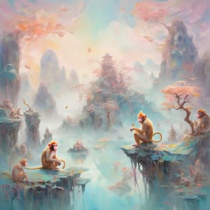 Ethereal Monkey King (impressionist:1.2) in a dreamlike, surreal landscape. The Monkey King is depicted in soft, dreamy brushstrokes, surrounded by floating islands and mystical creatures. The scene exudes an ethereal quality with pastel hues and a sense of otherworldly wonder.