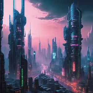 A fusion of past and future, the cyberpunk skyline is a mesmerizing spectacle. Towering skyscrapers, like crystalline stalagmites, pierce through a polluted atmosphere, their neon veins pulsating with life. Blimps, relics from a bygone era, cruise through the urban canyons, their bulbous forms casting eerie glows on the bustling streets.