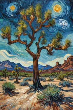 A painting of a Joshua tree in a desert landscape, in the style of Van Gogh. The tree is tall with multiple branches and spiky, green leaves, depicted with bold, swirling brushstrokes. The desert floor is textured with vibrant, expressive colors, scattered rocks, and small bushes. The sky is dynamic with swirling patterns of blue and wispy clouds, reminiscent of Van Gogh's Starry Night. The overall composition is rich in color, with thick, expressive strokes and a sense of movement and emotion.