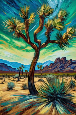 Van Gogh style painting of a Joshua tree in a barren desert landscape. The tree is tall with multiple branches and spiky, green leaves, depicted with bold, swirling brushstrokes. The sky is dynamic with swirling patterns of blue and wispy clouds in the style of Van Gogh. The overall composition is rich in color, with thick, expressive strokes and a sense of movement and emotion.