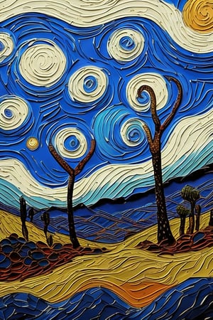 A painting of a Joshua tree in a desert landscape, in the style of Van Gogh. The tree is tall with multiple branches and spiky, green leaves, depicted with bold, swirling brushstrokes. The desert floor is textured with vibrant, expressive colors, scattered rocks, and small bushes. The sky is dynamic with swirling patterns of blue and wispy clouds, reminiscent of Van Gogh's Starry Night. The overall composition is rich in color, with thick, expressive strokes and a sense of movement and emotion.