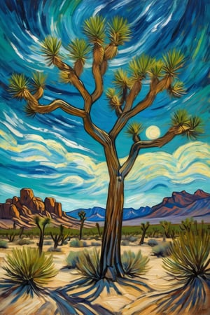 Van Gogh style painting of a Joshua tree in a barren desert landscape. The tree is old and thick with multiple branches and spiky, green leaves, depicted with bold, swirling brushstrokes. The sky is dynamic with swirling patterns of blue and wispy clouds in the style of Van Gogh. The overall composition is rich in color, with thick, expressive strokes and a sense of movement and emotion.