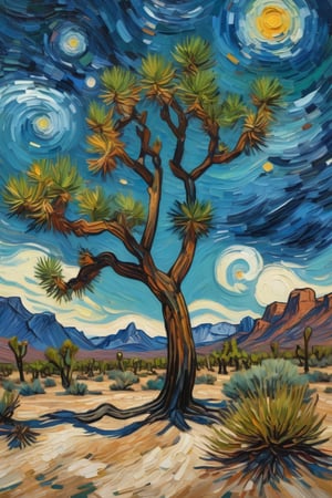 A painting of a Joshua tree in a desert landscape, in the style of Van Gogh. The tree is tall with multiple branches and spiky, green leaves, depicted with bold, swirling brushstrokes. The desert floor is textured with vibrant, expressive colors, scattered rocks, and small bushes. The sky is dynamic with swirling patterns of blue and wispy clouds, reminiscent of Van Gogh's Starry Night. The overall composition is rich in color, with thick, expressive strokes and a sense of movement and emotion.