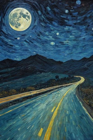 van gogh style painting of a solitary joshua on a highway. it is night time with a full moon and a starry night.