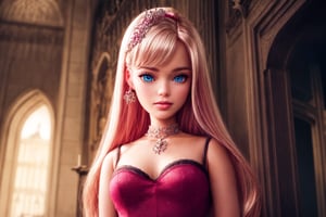 barbie, (in front of a castle), cinematic lighting, octane render, higly detailed, high resolution illustration, intricate details, best illumination, best shadow, cinematic lighting, dark, complicated_background