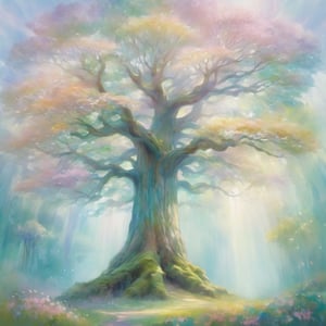 Ethereal forest giant tree (impressionist:1.2) in a dreamlike, surreal landscape. The giant tree is depicted in soft, dreamy brushstrokes, surrounded by floating leaves and mystical fairies. The scene exudes an ethereal quality with pastel hues and a sense of otherworldly wonder.