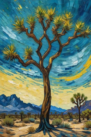 Van Gogh style painting of a solitary Joshua tree. The tree is old and thick with multiple branches and spiky, green leaves, depicted with bold, swirling brushstrokes. The background features a simple, textured canvas with dynamic, swirling patterns of blue and yellow, capturing the essence of the sky in Van Gogh's style. The overall composition emphasizes the tree's unique shape and character, with rich blue and yellow tints, thick, expressive strokes, and a sense of movement and emotion.