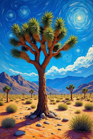 A painting of a Joshua tree in a desert landscape, in the style of Van Gogh. The tree is tall with multiple branches and spiky, green leaves, depicted with bold, swirling brushstrokes. The desert floor is textured with vibrant, expressive colors, scattered rocks, and small bushes. The sky is dynamic with swirling patterns of blue and wispy clouds, reminiscent of Van Gogh's Starry Night. The overall composition is rich in color, with thick, expressive strokes and a sense of movement and emotion.