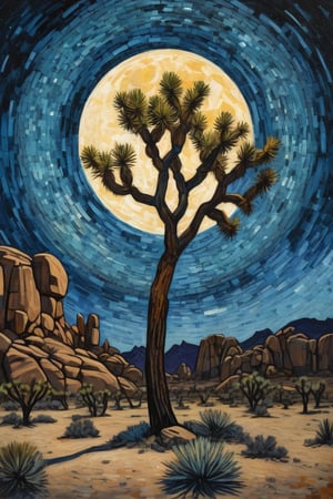 van gogh style painting of a solitary joshua tree in a circle of giant stone granite monoliths. it is night time with a full moon and a starry night.