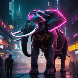 Futuristic Battle Elephant (cyberpunk:1.2) as a high-tech guardian of a neon-lit city. The Battle Elephant is decked out in futuristic armor and the tusks are crackling with dark energy. The scene is a fusion of ancient mythology and cutting-edge technology, with bold neon colors and a sense of cyberpunk coolness.