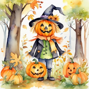 Whimsical halloween pumpkin scarecrow (watercolor:1.2) in a playful forest filled with mischievous creatures. The halloween pumpkin scarecrow wears a mischievous grin as he interacts with the whimsical denizens of the forest. The scene is rendered in vibrant watercolors, exuding a sense of whimsy and magic.