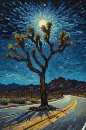 van gogh style painting of a solitary joshua tree on a highway. it is night time with a full moon and a starry night.