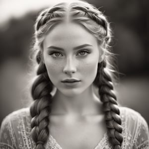 A black and white photograph, close up, beautiful young woman, detailed gorgeous face, freckled skin, pale skin, long hair, thick ginger fishtail braids, green eyes, ultra realistic, detailed and intricate, cinematic lighting, ultra detailed, sharp focus, 8k high definition, nice bokeh, Leica 35mm F2.8, dark tone, intricate details, highly detailed, black and white photograph, dimly lit, monochrome, platinotype