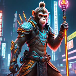 Futuristic Monkey King (cyberpunk:1.2) as a high-tech guardian of a neon-lit city. The Monkey King is decked out in futuristic armor and wields a staff crackling with energy. The scene is a fusion of ancient mythology and cutting-edge technology, with bold neon colors and a sense of cyberpunk coolness.