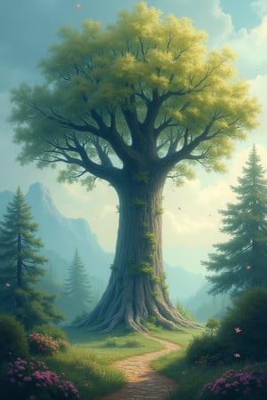 Ethereal forest giant tree (impressionist:1.2) in a dreamlike, surreal landscape. The giant tree is depicted in soft, dreamy brushstrokes, surrounded by floating leaves and mystical fairies. The scene exudes an ethereal quality with pastel hues and a sense of otherworldly wonder