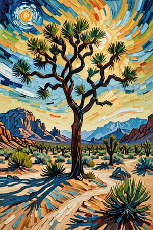 A painting of a Joshua tree in a desert landscape, in the style of Van Gogh. The tree is tall with multiple branches and spiky, green leaves, depicted with bold, swirling brushstrokes. The desert floor is textured with vibrant, expressive colors, scattered rocks, and small bushes. The sky is dynamic with swirling patterns of blue and wispy clouds, reminiscent of Van Gogh's Starry Night. The overall composition is rich in color, with thick, expressive strokes and a sense of movement and emotion.