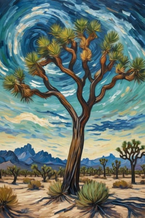 (oil painting) of a (Joshua tree) in a desert landscape, in the (style of Van Gogh:1.2). The tree is tall with multiple branches and spiky, green leaves, depicted with bold, swirling brushstrokes. The sky is dynamic with swirling patterns of blue and wispy clouds with bold lightning strikes. the backgroun is barrend with just sand dunes, covered in think, almost waterlike dust. The overall composition is rich in color, with thick, expressive strokes and a sense of movement and emotion.